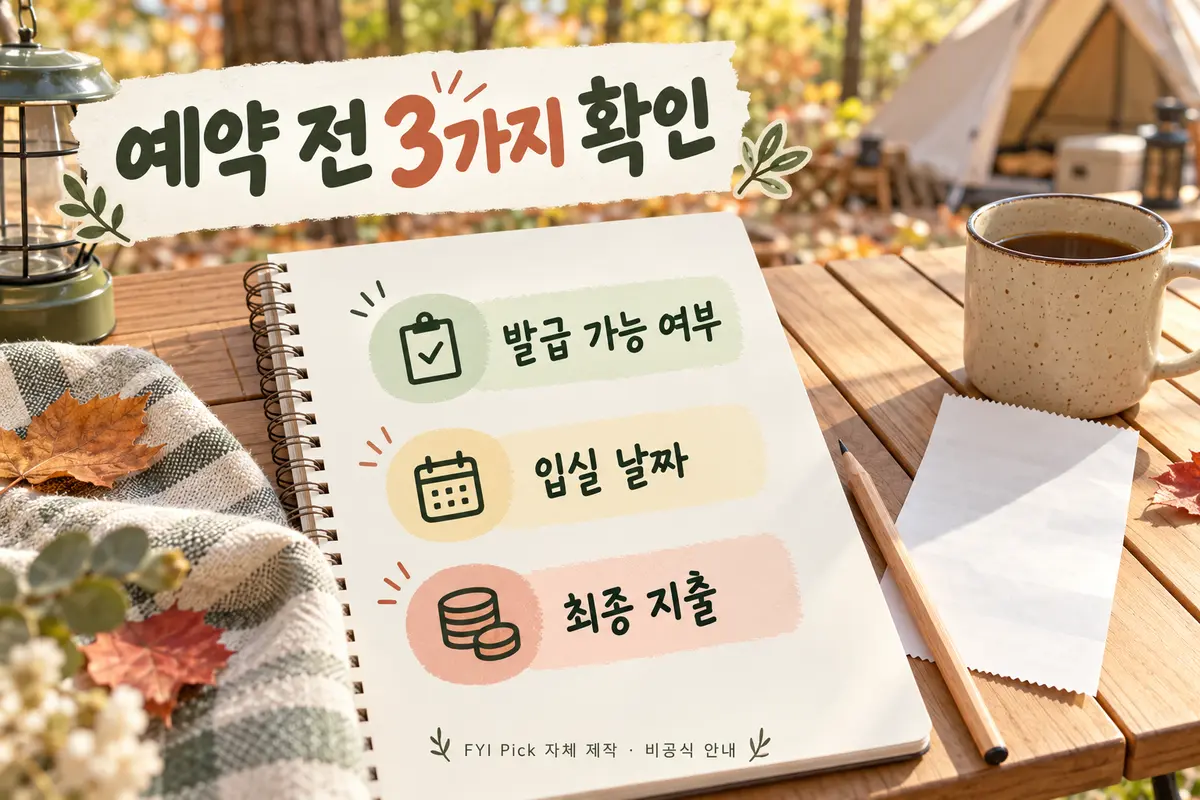 캠핑 예약 전 발급 가능 여부, 입실 날짜, 최종 지출 확인 안내