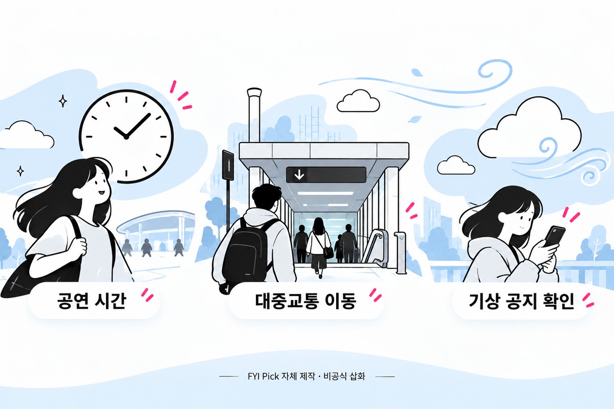 공연 시간, 대중교통 이동, 기상 공지 확인을 설명하는 자체 제작 삽화