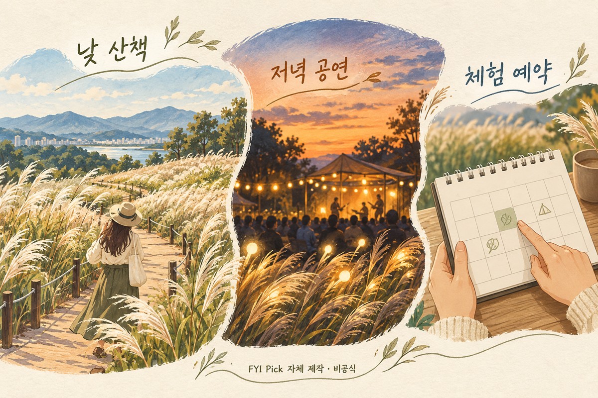 억새 산책과 저녁 공연, 체험 예약을 구분한 자체 제작 삽화