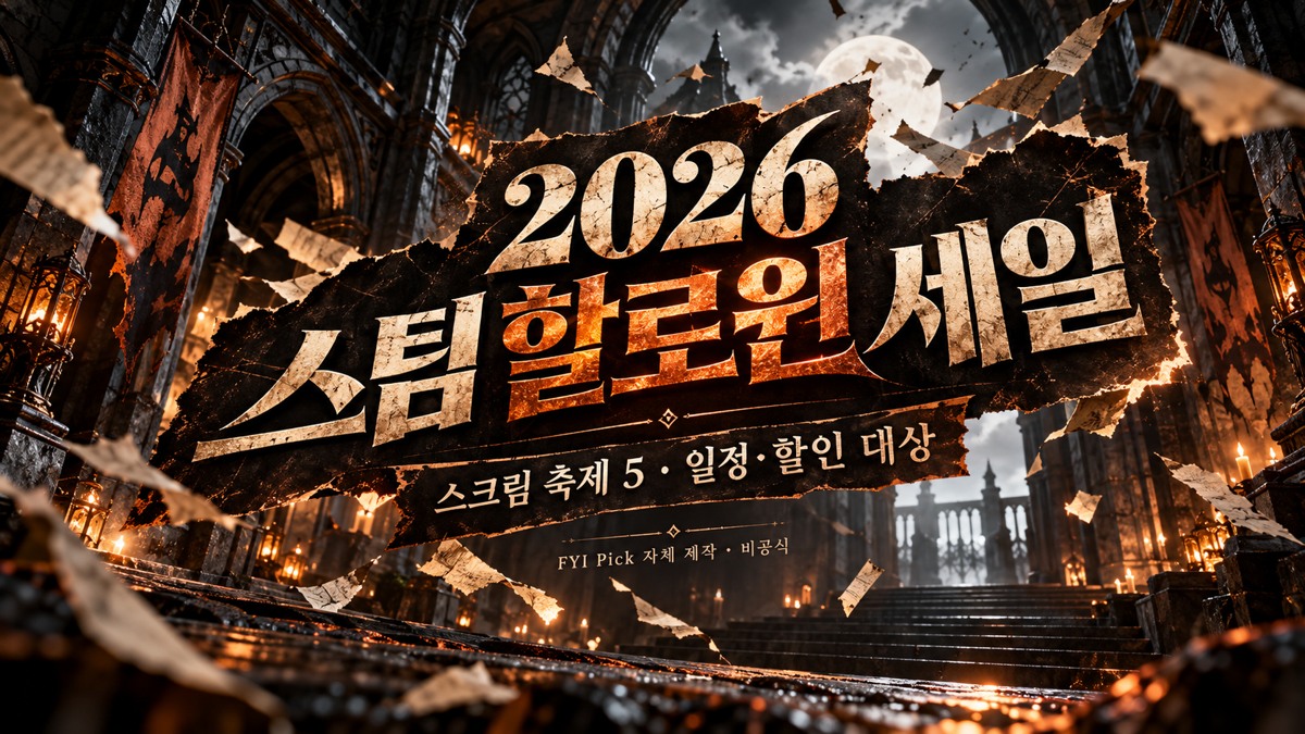 2026 스팀 할로윈 세일 제목과 가상의 석조 통로를 담은 FYI Pick 자체 제작 이미지