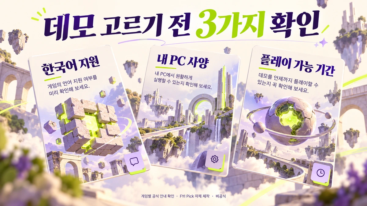 스팀 무료 데모 선택 전 한국어 지원, PC 사양, 플레이 가능 기간을 확인하는 FYI Pick 체크리스트.