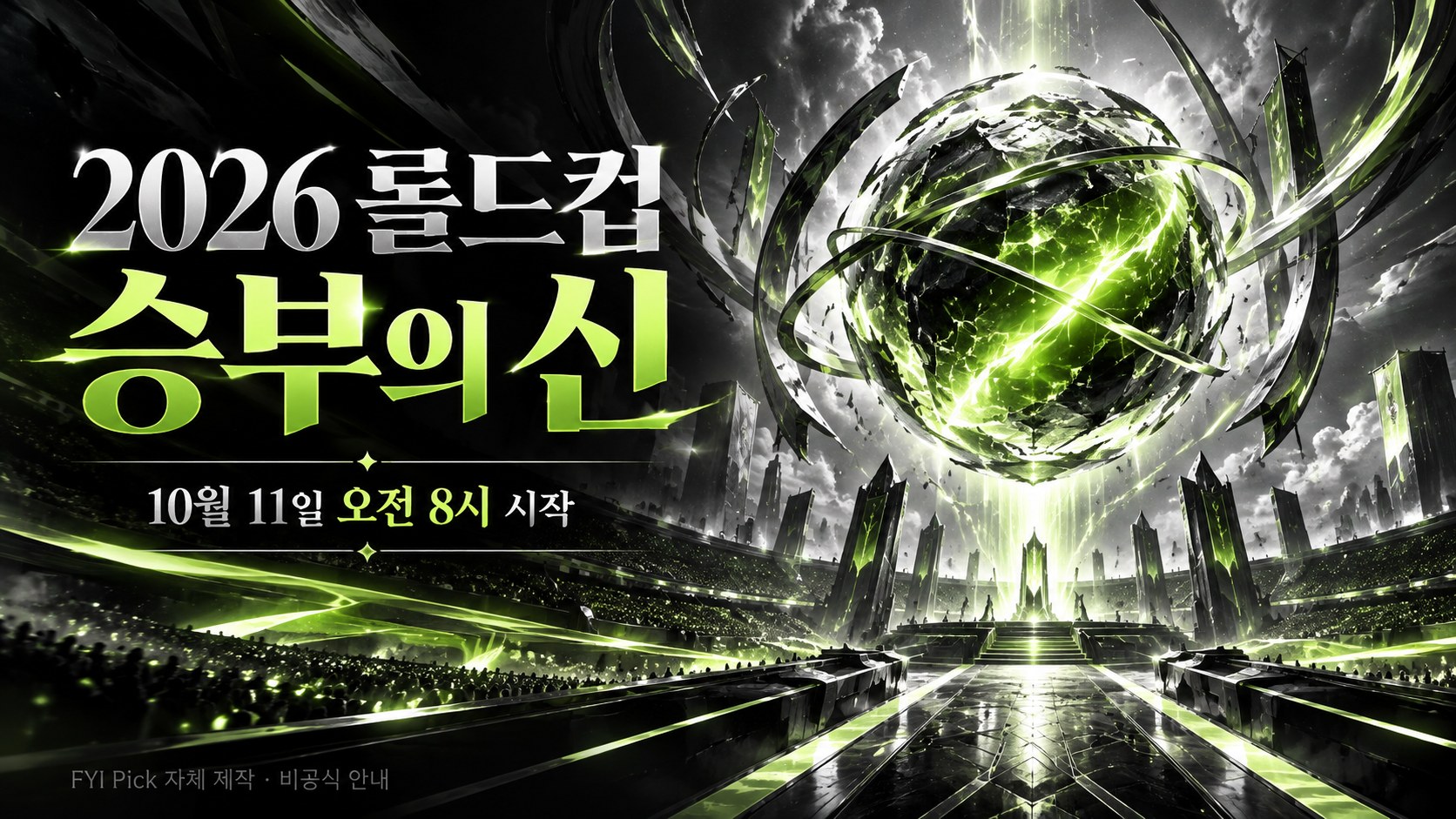 2026 롤드컵 승부의 신, 10월 11일 오전 8시 시작을 안내하는 검정·라임색 자체 제작 대표 이미지