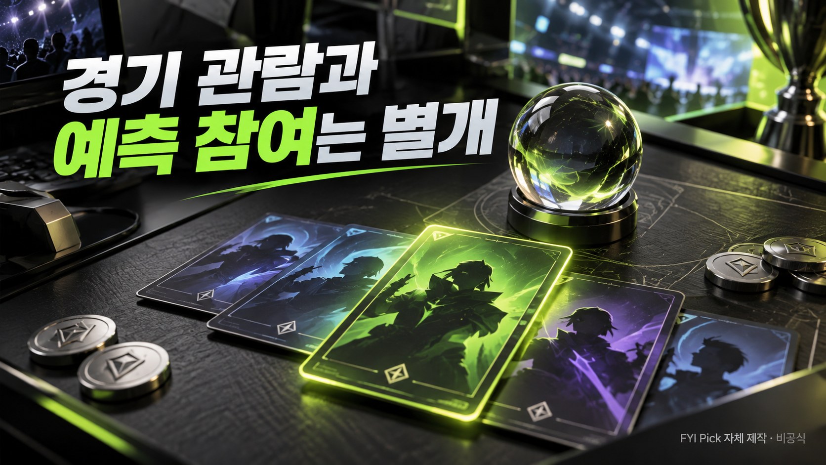 경기 관람과 예측 참여는 별개라는 안내와 추상적인 예측 카드·수정 구슬을 담은 자체 제작 이미지